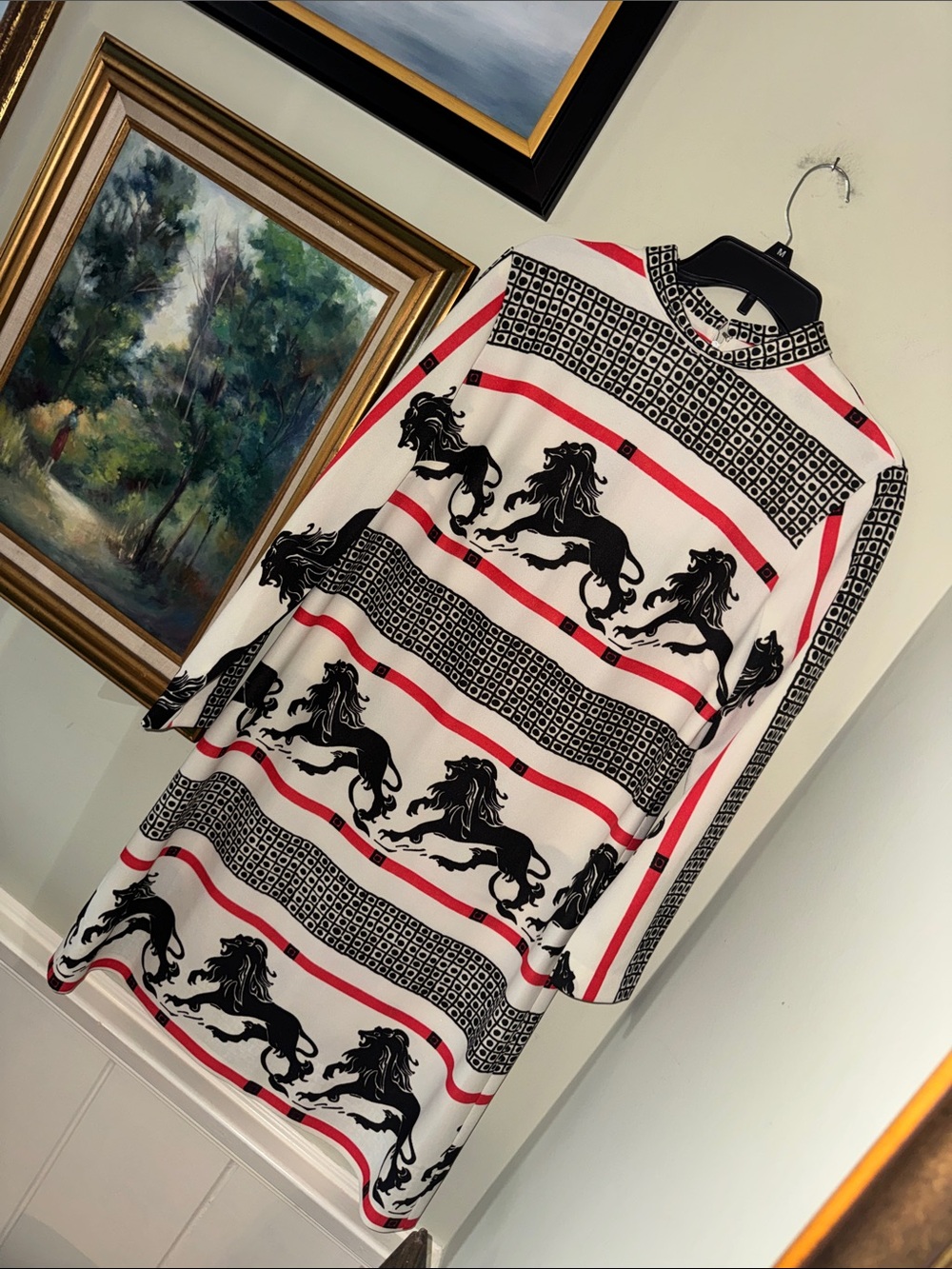 Vintage Lion Pattern Elegant Black & Cream Lion-Print Mod Art Polka Dot Dress M